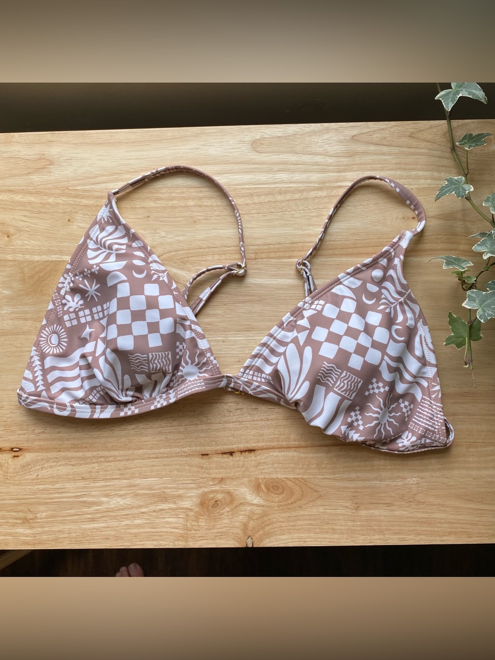 Wild fable Boho beach Print Triangle Bikini Top in brown and White